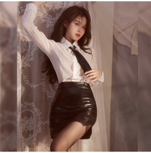 FEE ET MOI - Deep V Allure Backless Secretary Outfit (White - Black)